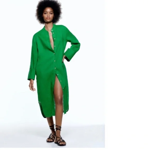 Zara Green Linen Longline Long Sleeve Tunic Button Down Dress Cover Up Small - Picture 6 of 13